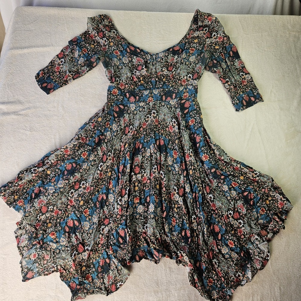 eShakti Floral Fit & Flare Dress Pockets Sz L Fits S/M Midi 3/4 Sleeve